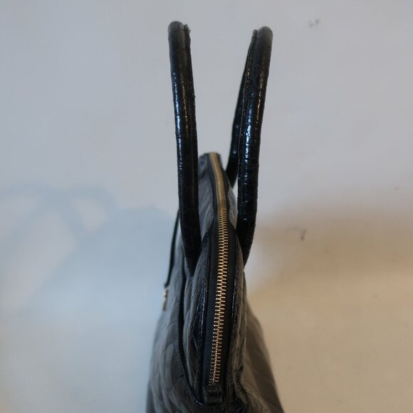 Womens Bloomingdale's Black Ostrich Embossed Satchel Shoulder Tote Handbag - Picture 5 of 16